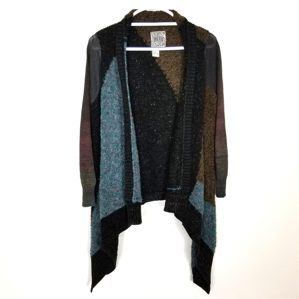 Curio Women's Colorblock‎ Cardigan Sweaters Sz M Open Front Asymmetrical Boho